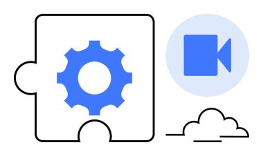 Video kamera simgesi ve bulut ana hatlarıyla donatılmış, işbirliğini, yeniliği, dijital araçları, iş akışı optimizasyonunu, teknoloji çözümlerini, entegrasyonu, basit düz metaforu sembolize eden iç dişli.