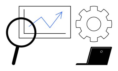 Büyüme çizgisi, teçhizat ve dizüstü bilgisayarla büyüteç büyütme analizi, planlama ve yenilik. İş, strateji, veri analizi, teknoloji yönetimi verimliliği için ideal