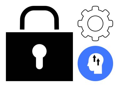 Veri güvenliği kavramı. Veri güvenliğini kilit, dişli ve baş simgeleriyle görselleştirmek, güvenliği, yeniliği ve teknolojik ilerlemeyi vurgulamak. Siber güvenlik için, dijital güvenlik teknolojisi çözümleri