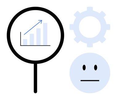 Büyüteç, yükselen trend, vites simgesi ve nötr yüzle bar tablosuna odaklanıyor. Veri analizi, büyüme, geri bildirim, üretkenlik, karar verme, strateji basit düz metafor