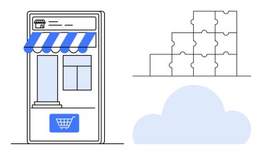 - Ticaret mi? Alışveriş arabası ikonu, yapboz parçaları ve bulut ölçeklenebilirliği olan çevrimiçi mağaza görselleri. eTicari büyüme, işbirliği, dijital uygulamalar için ticaret