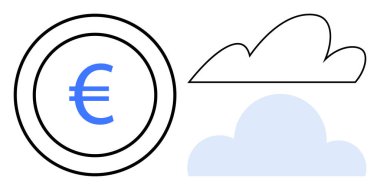 Avro işaretleri çizilmiş ve bulutlarla çevrili. Finans, bulut hizmetleri, veri, teknoloji, bankacılık, dijital varlıklar ve yenilik için ideal. Basit düz metafor