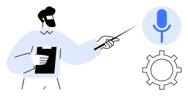 Erkek figürü pano tutuyor ve mikrofon ve dişli simgelerinin yanında işaretleyici kullanıyor. Teknoloji, ses kaydı, sunum, öğretim, yazılım ayarları, ses tanıma, düz tasarım için ideal