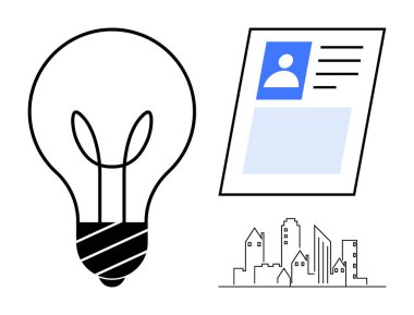 Yenilik kavramı. Ampul, kişisel profil kartı ve şehir manzarası yeniliği, kimlik ve kentsel gelişim. Yenilik yaratıcı çözümleri, kişisel verileri ve büyümeyi kucaklıyor. Teknoloji işi için.