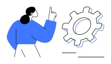 Bir kadının büyük bir dişlinin yanında parmağını kaldırması stratejiyi, verimliliği ve takım çalışmasını sembolize eder. Yenilik, iş akışı, planlama, işbirliği yönetimi problem çözme ve büyüme için ideal. Modern