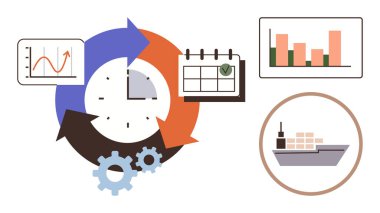 Saatin etrafında dönen oklar, kontrol listesi, bar grafiği, kargo gemisi ve vitesler tedarik zinciri yönetimini temsil ediyor. Lojistik, zamanlama, verimlilik ve üretim zamanı için ideal