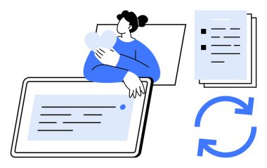 Tabletin yanında bir kalp ikonunu kucaklayan, dokümanları istifleyen ve okları senkronize eden biri. Üretkenlik, bağlantı, dosya paylaşımı, dijital iş akışı, takım çalışması, bulut depolama ve dikkat odaklı iş için ideal