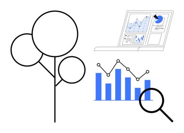Büyümeye bağlı ağaç diyagramı, çubuk çizelgeleri, grafikler, büyüteç ve dizüstü bilgisayar analitikleri ilerleme ve keşif gösteriyor. İş, teknoloji, sürdürülebilirlik ve büyüme stratejisi için ideal