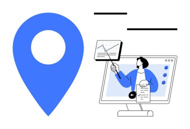 Navigasyon konsepti. Çevrimiçi sunum ve veri analizi yapan bir dijital sunucunun yanında konum belirleyici. Navigasyon iş stratejilerine ve uzaktan öğretilere yardımcı olur. Eğitim için mükemmel.