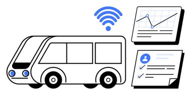 Bağlantı simgesi, analitik şeması ve dijital kullanıcı kontrol listesine sahip otonom bir otobüs. Akıllı hareketlilik, toplu taşıma, teknoloji, veri analizi, bağlantı, yenilik kullanıcı deneyimi için ideal