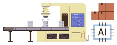 Taşıyıcı bant, depo kontrol paneli, paketler ve yapay zeka çiplerindeki robot kol sıralama aletleri. Otomasyon, robot bilimi, yapay zeka, lojistik üretim verimliliği yeniliği için ideal. Basit düz metafor