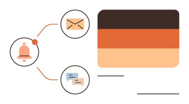 Bildirim zili, e-posta zarfı ve renkli gösterge paneline bağlı sohbet simgeleri. İletişim, uyarı, e-posta, takım çalışması, dijital izleme, organizasyon için ideal düz metafor