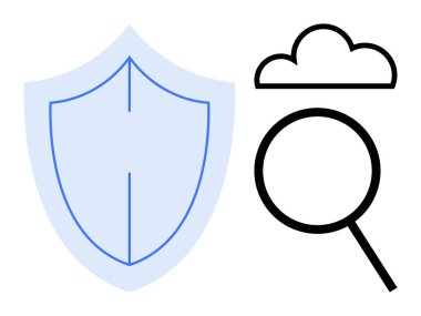 Kalkan, bulut, büyüteç koruma, veri analizi ve siber güvenliği simgeliyor. Teknoloji, bulut bilgisayarı, ağ güvenliği, veri gizliliği çevrimiçi bilgi güvenliği için ideal