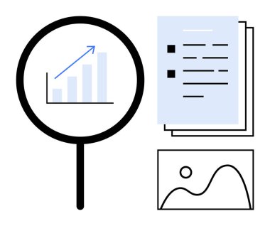 Analiz çizelgesi üzerindeki büyüteç, liste belgeleri ve bir grafik araştırma, veri analizi ve raporları temsil ediyor. İş, eğitim, bilim, istatistik planlama için ideal basit bir daire