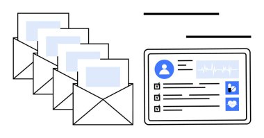 Belgeleri taşıyan e-postalar, kullanıcı profili ve tıbbi detaylarla birlikte dijital sağlık kayıtlarını gösteren bir tabletin yanında. Teknoloji, sağlık, verimlilik, iletişim, veri yönetimi için ideal