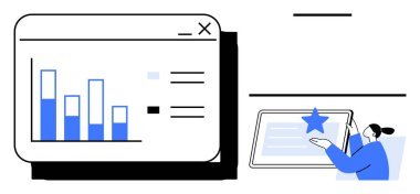 Çubuk grafik görselleştirmesi ile veri arayüzü, yıldız elementi içeren tabletle etkileşime giren kadın. Analiz, veri raporlama, performans, karar verme, strateji, üretkenlik, UX