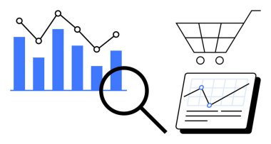 Çizelge, çizgi grafiği, büyüteç, alışveriş arabası ve analitik gösterge paneli. Veri analizi, e-ticaret stratejisi, piyasa araştırması, iş büyümesi performans izleme satış içgörüsü için ideal