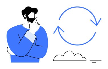 Veri senkronizasyonu kavramı. Dairesel oklar ve bulut simgesi veri senkronizasyonu ile düşünen bir adam. Teknoloji, bulut hesaplama, iş akışı, uygulamalar ve işbirliği için veri senkronizasyonu