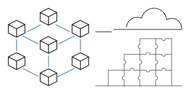 Blockchain ağı. Merkezi olmayan sistemler ve veri alışverişi engelleniyor. Entegrasyon için bulmaca parçalarıyla bulut altyapısına bağlı blok zinciri. Teknoloji, bulut hesaplama, veri