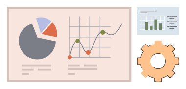 Pasta grafiği, çizgi grafiği, bar tablosu ve dişli vurgulama veri gösterimi, analiz ve sistem optimizasyonu. İş stratejisi için ideal, veriye dayalı kararlar, istatistikler teknik çözümler rapor ediyor