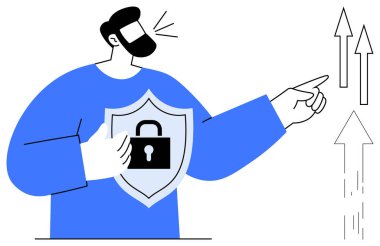 Sakallı adam, ilerlemeyi simgeleyen okları işaret ederken kilit simgesiyle bir güvenlik kalkanı tutuyor. Güvenlik, koruma, veri gizliliği, büyüme, yenilik, güven ve strateji için idealdir. Basit düz