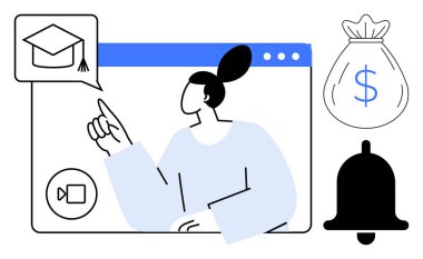 Tarayıcı penceresindeki kişi çevrimiçi öğrenme özellikleriyle ilgilenirken uyarı zili, para çantası ve mezuniyet şapkasını onayladı. E- öğrenim, finans, tebligat, eğitim, ağlar ve uzaktan kumanda için ideal