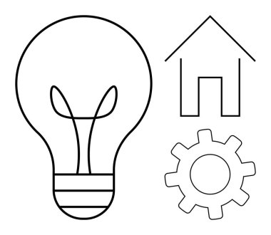 Ampul, ev ve ekipman ana hatları yaratıcılığı, ev gelişimini ve teknolojiyi sembolize eder. Yenilik, mühendislik, konut takımı enerji üretkenliği mekaniği için ideal. Basit düz