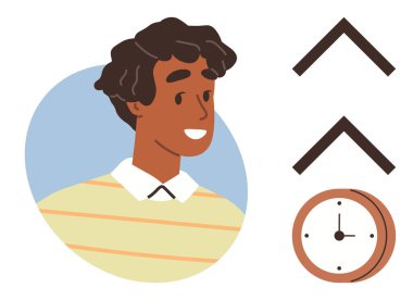 Yükselen oklar ve kişisel gelişimi, başarıyı ve zaman yönetimini vurgulayan bir saatle gülümseyen bir birey. Üretkenlik, zaman kavramları, kariyer ilerlemesi, iyimserlik, hedef belirleme, proje için ideal