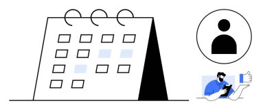 Üzerinde tarihler işaretli tablo üstü takvimi, kullanıcı profili simgesi ve başparmak işareti olan bir akıllı telefon kullanan kişi. Planlama, atamalar, organizasyon, takım çalışması, zaman yönetimi, öncelikler