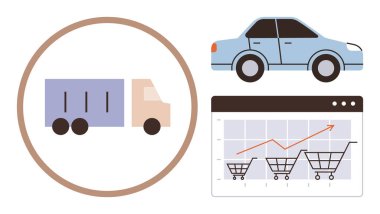 Nakliye kamyonu ve araba, alışveriş arabalarının büyüme eğilimlerinin arttığı bir satış çizelgesinin yanında. E-ticaret, dağıtım hizmetleri, nakliyat, iş analizi, lojistik ve perakende stratejisi için ideal