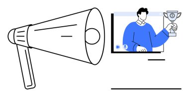 Megafon ekranın yanında elinde kupa tutan birini gösteriyor, çevrimiçi başarıyı temsil ediyor. Terfi, pazarlama stratejileri, sanal olaylar, iletişim fikirleri, e-öğrenme, webinarlar için ideal