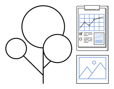 Grafik ve dağ resimleri olan bir panonun yanında stilize doğa ağacı. Analiz, iş, yaratıcılık, çevre, sürdürülebilirlik, yenilik ve araştırma için ideal. Minimalist daire