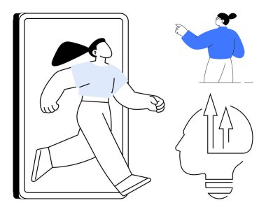 Telefon ekranından çıkan bir kadın, geleceği gösteren biri ve oklu kafa şeklindeki bir ampul. Yenilik, teknoloji, ilerleme, büyüme, yaratıcılık ve başarı için ideal