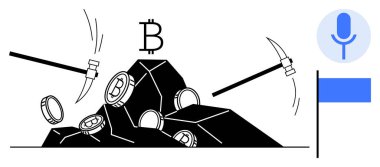 Kazmalar kayalardan bitcoin çıkarırlar, madenciliği ve dijital para birimini sembolize ederler. Kripto para birimi, engelleme teknolojisi, yenilik, finans, yatırım, ekonomi, iş tekniği için ideal