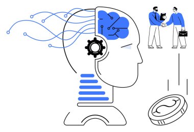 Veri akışları, dişliler ve devreler ile yapay zeka geliştirilmiş beyin, profesyonellerin el sıkışması, düşen bir para. Teknoloji, yenilik, yapay zeka, takım çalışması ekonomi otomasyonu için idealdir.