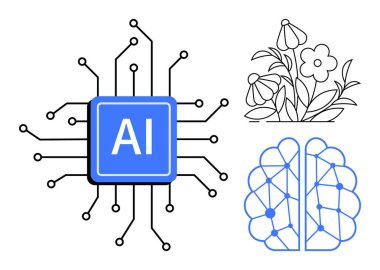 Devreli yapay zeka çipi, sinirsel desenli beyin ve teknoloji ve doğa uyumu sembolize eden çiçekler. Yapay zeka, makine öğrenimi, yenilik, sürdürülebilirlik, ekoloji biyolojisi eğitimi için ideal. Basit bir daire.