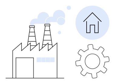 Çift bacalı fabrika duman, dişli sembolü yayıyor ve bir dairenin içindeki ev. Sanayi, üretim, konut, sürdürülebilirlik, kentsel planlama ekonomisi modernizmi için idealdir. Basit düz metafor