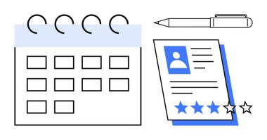 Takvim, 4 yıldızlı dereceyle devam et ve kalem planlama, işe alım, performans değerlendirmesi veya zaman yönetimi sembolize et. HR, işe alma, değerlendirme projesi planlama verimliliği için ideal