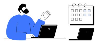 Masanın yanında el kol hareketi yaparken dizüstü bilgisayar kullanan bir adam, tarihi görünen bir takvim, yakınlarda ikinci bir dizüstü bilgisayar. Üretim, planlama, programlama, organizasyon, iş akışı, uzak çalışma zamanı yönetimi için ideal