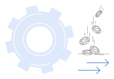Sistemi veya araçları gösteren vites göstergesi, madeni akışı veya kazancı temsil eden madeni paralar ve ilerlemeyi gösteren oklar. Otomasyon, verimlilik, finans, yatırım, büyüme, üretkenlik için ideal