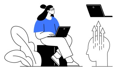 Uzaktan kumanda. Dizüstü bilgisayarda çalışan bir kadın üretkenlik için uzaktan çalışmanın altını çiziyor. Uzak çalışma yaratıcılığı, beceri gelişimini, yeniliği ve modern yaşam tarzını destekler. İş için ideal