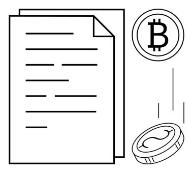 Bitcoin ve madeni para grafiklerinin yanında kağıt belgeler dijital mali işlemleri temsil ediyor. Finans, engelleme zinciri, kripto para birimi, dijital sözleşmeler, teknoloji, yatırımlar, dijital