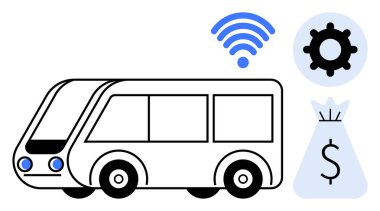 Kablosuz sinyalli otobüs, sistem geliştirme ekipmanları ve maliyet yönetimini sembolize eden para çantası. Toplu taşıma, akıllı şehirler, hareketlilik, bütçe, bağlantı, kentsel planlama için ideal