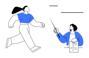 İşaretçi ve belgeyle kendinden emin sunucu öğretirken, bir kadın özgüvenle ileriye doğru adım atıyor. Eğitim, liderlik, motivasyon, takım çalışması, kişisel büyüme, iş, eğitim için ideal. Basit.