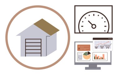 Çember halinde depo binası, hız göstergesi verimliliği gösteriyor ve bilgisayar monitörü analitik gösterge paneli ve grafikleri gösteriyor. Lojistik, tedarik zinciri, performans ve teslimat hızı için ideal