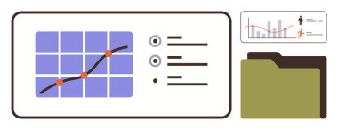 Grafik, madde noktaları, grafik sembolleri ve belge klasörlü analitik gösterge paneli. Veri analizi, rapor izleme, iş planlaması, kayıt yönetimi, görselleştirme araçları araştırması için ideal