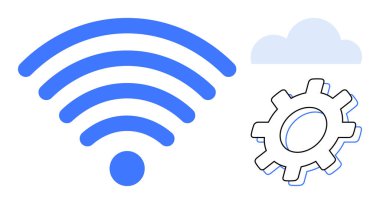 Kablosuz sinyal simgesi, teçhizat ve kablosuz bağlantı, bulut hesaplama ve sistem otomasyonunu simgeliyor. İletişim, ağ oluşturma, veri yönetimi, IoT yenilik bulut hizmetleri için ideal