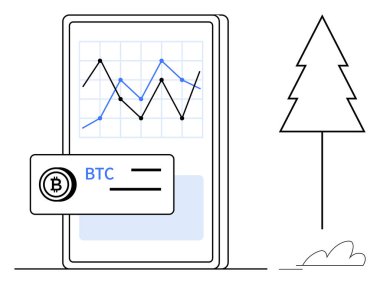 Bitcoin kart kaplamalı şifreli para birimi işlem şemasını gösteren akıllı telefon, ana hatlı ağaç ve zemin. Finans, teknoloji, yatırım, ticaret, engelleme zinciri, analiz için ideal basit düz metafor