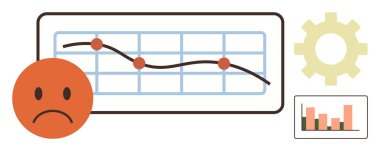 Aşağı doğru eğilim grafiği, üzgün surat, vites, bar çizelgesi. İş kaybı, analitik, sorun çözme, başarısızlık, piyasa düşüşü performans sorunları için ideal basit düz metafor
