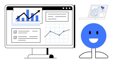 Veri analizi gösterge panelinde gülümseyen bir karakterin yanında grafikler, büyüme grafikleri ve metrikler var. Analiz, izleme, planlama, performans, iş, üretkenlik için ideal